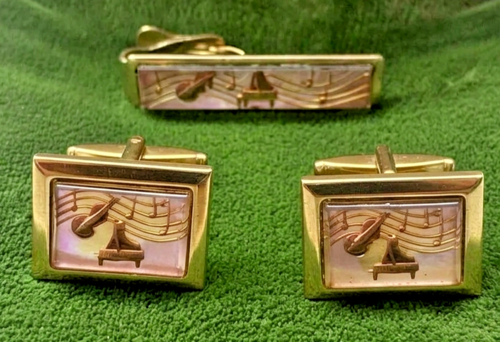 Krementz MCM Jazz Cufflinks Tie Bar Piano Bass w/Original Box 14k Gold Overlay